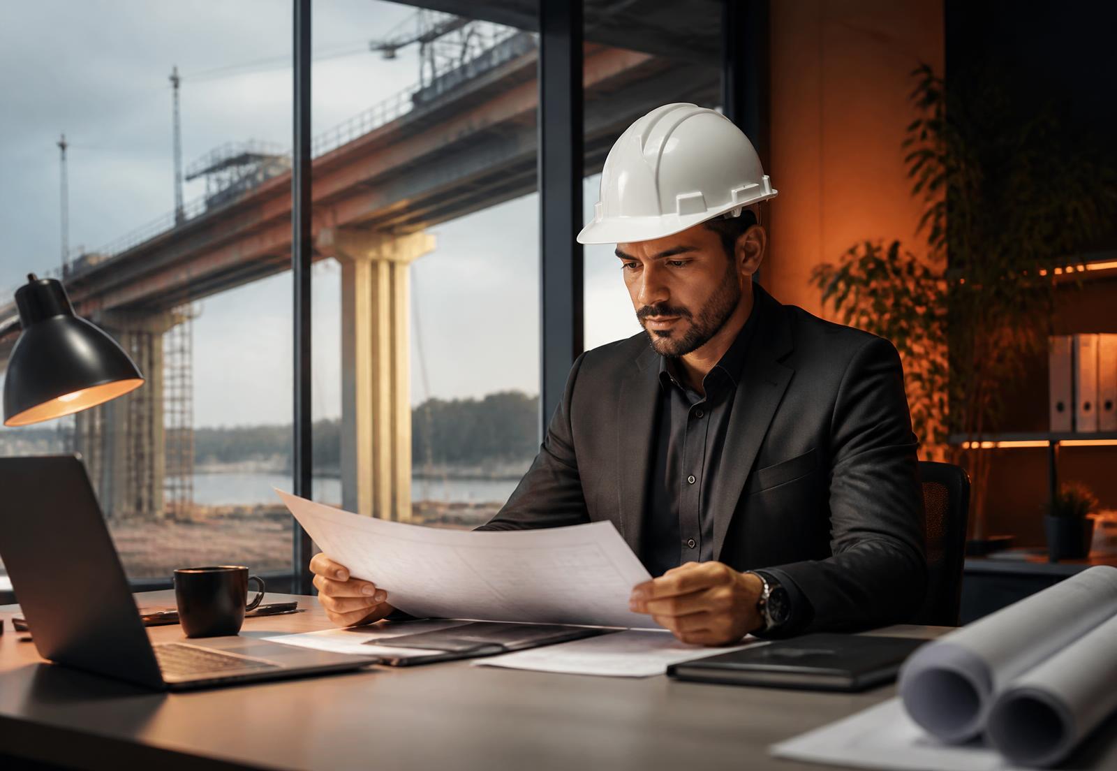 Engenheiro analisando contrato de obra pública em escritório